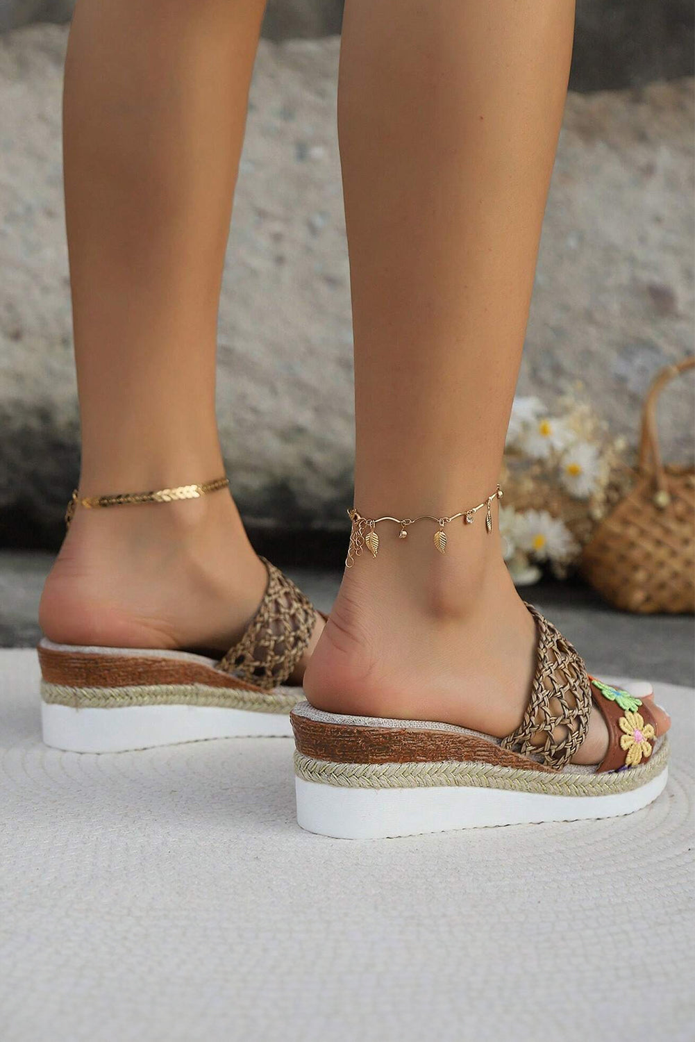 Floral Print Braided Wedge Slippers