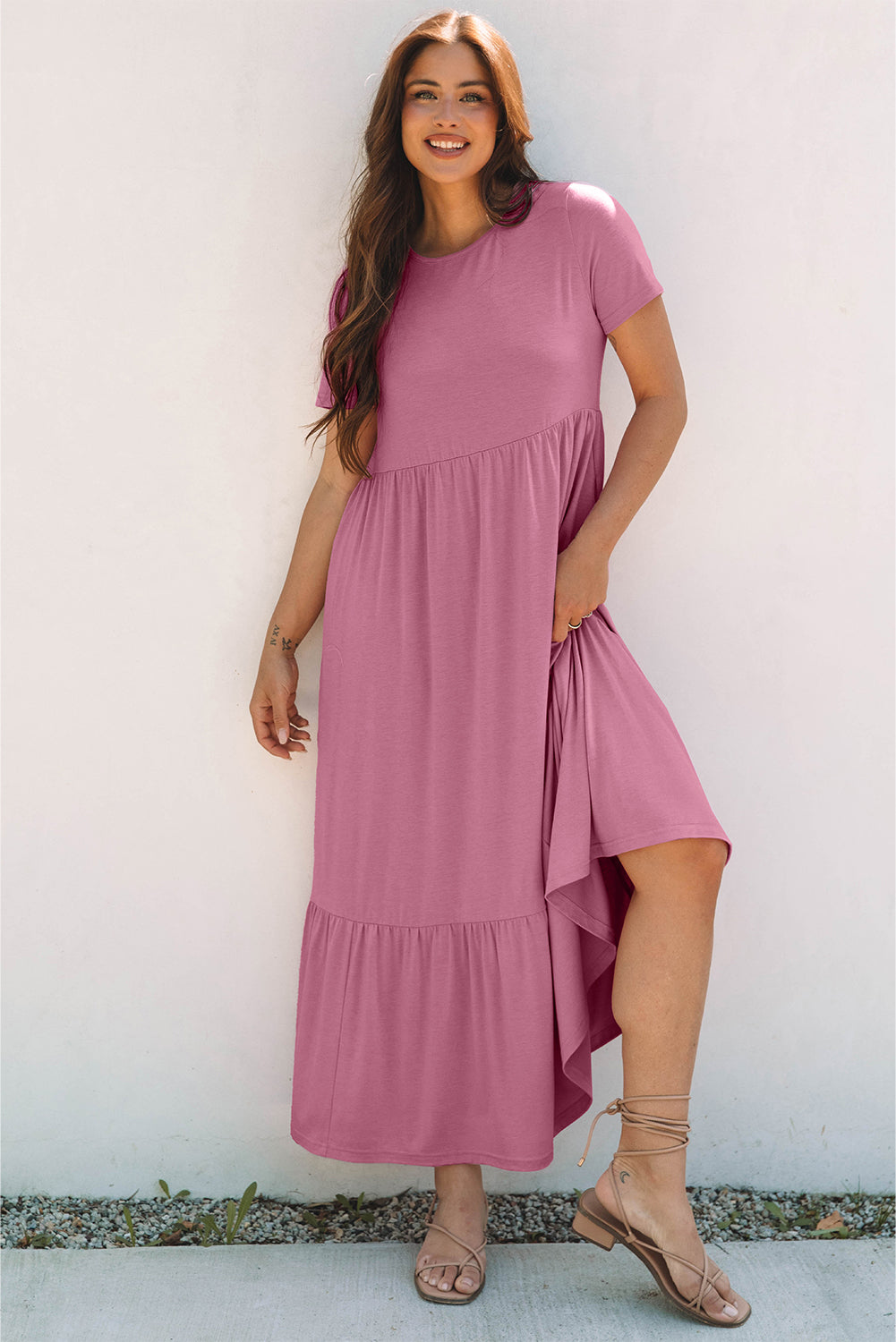 Pink T-shirt High Waist Pocketed Long Dress