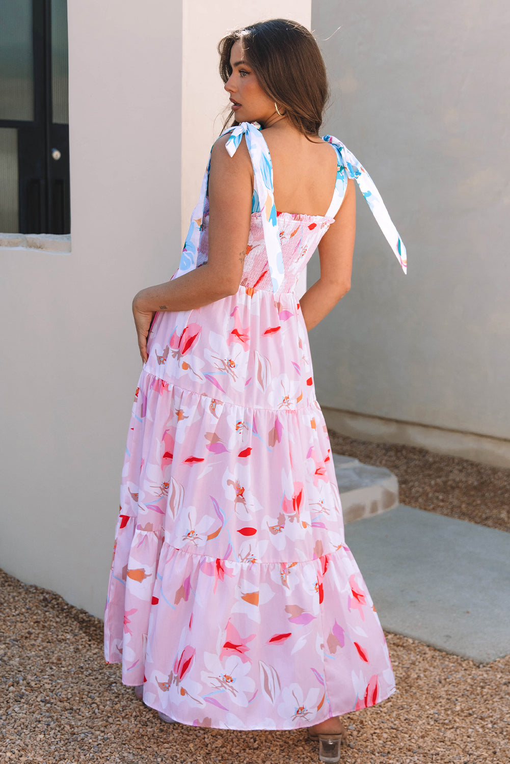 Floral Knotted Shoulder Smocked Maxi Dress
