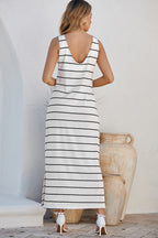 White Stripe Print Open Back Maxi Dress with Slits