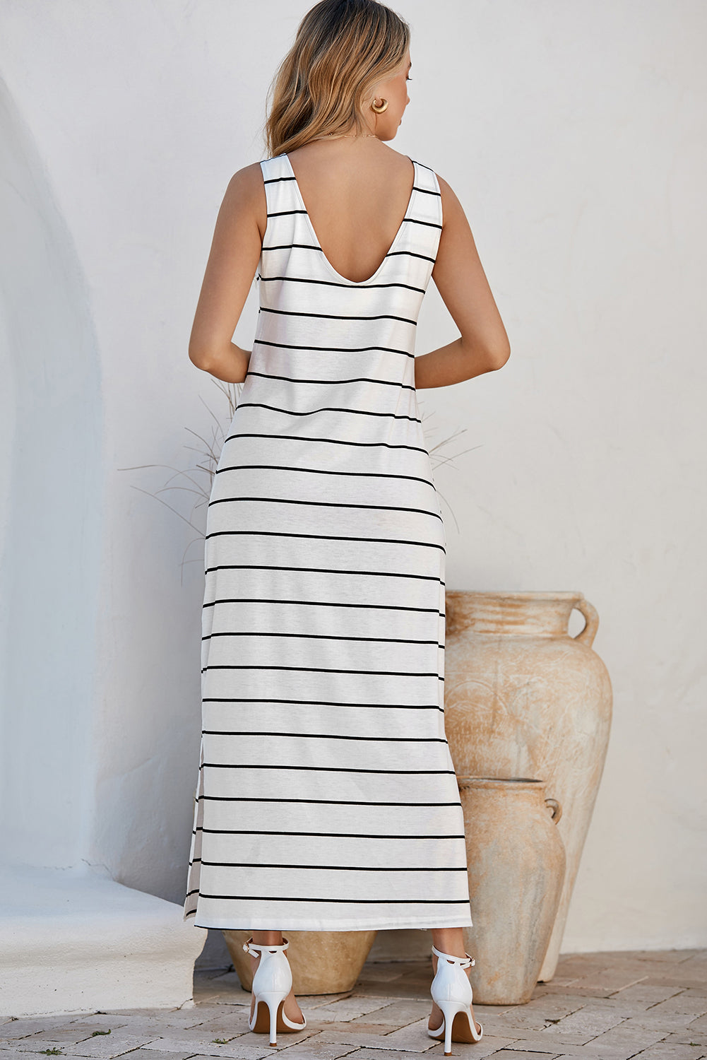White Stripe Print Open Back Maxi Dress with Slits