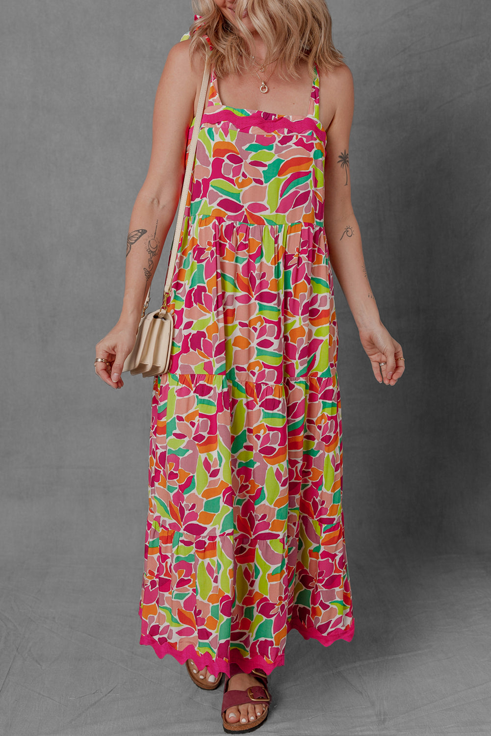 Floral Tied Straps Ricrac Trim Maxi Dress
