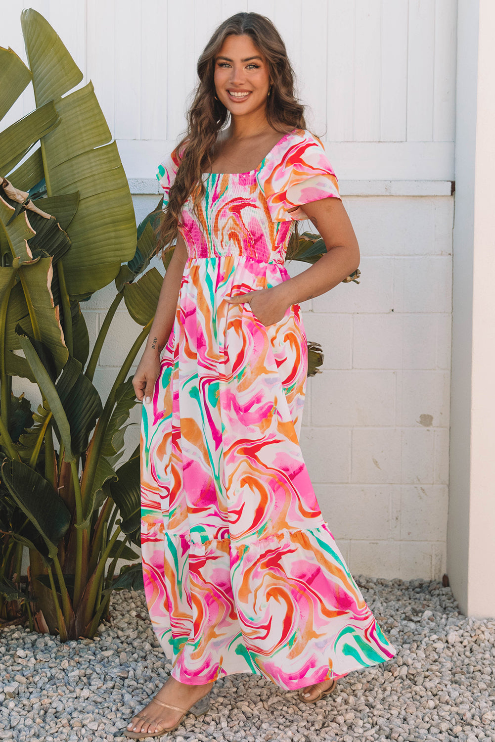 Pink Abstract Print Smocked Bust Maxi Dress