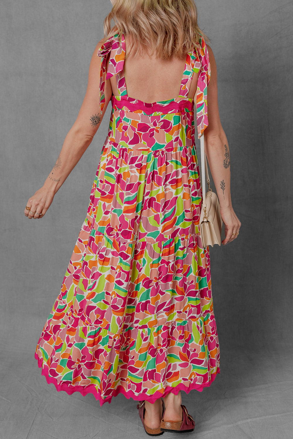 Floral Tied Straps Ricrac Trim Maxi Dress