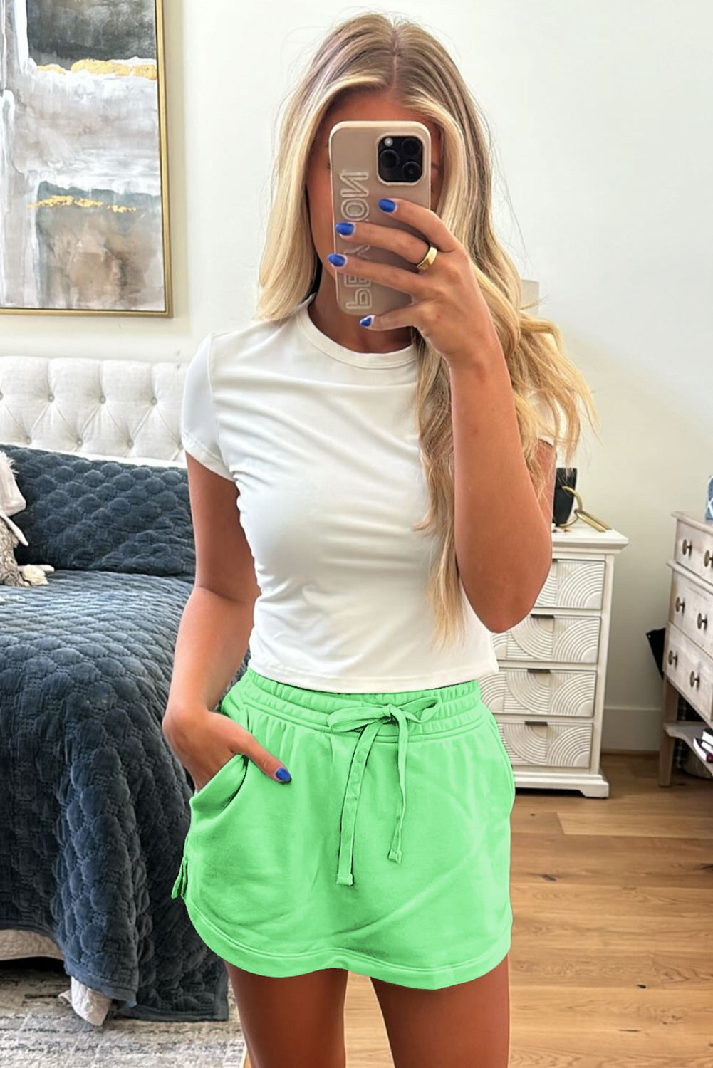 Light Green French Terry Drawstring Mini Skort