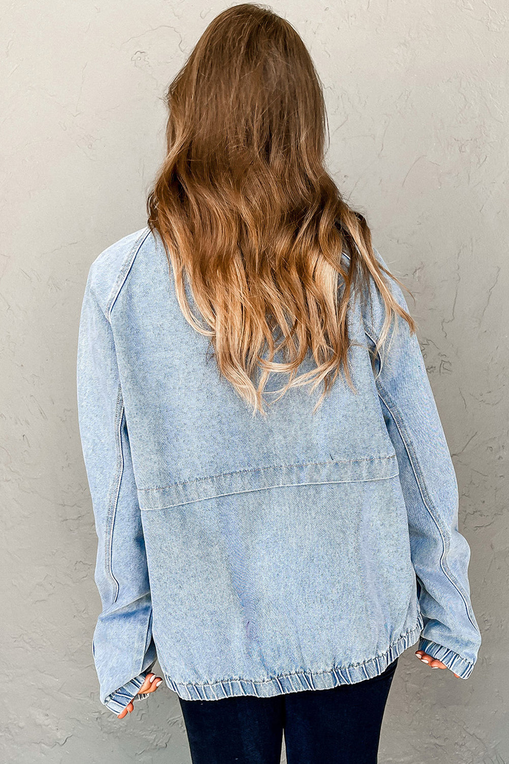 Elastic Edge Zip Up Denim Jacket