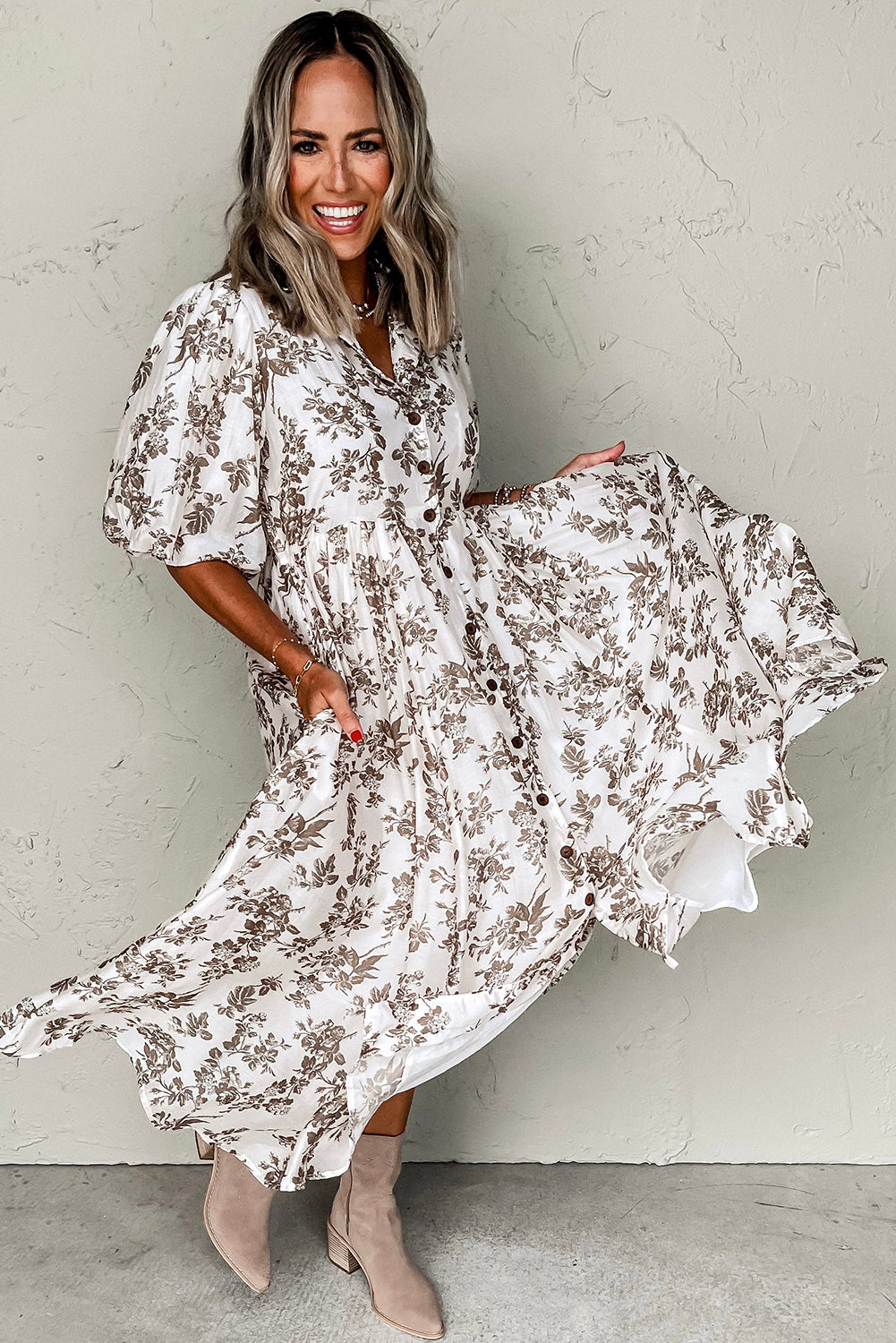 Floral Puff Sleeve V Neck Buttoned Front Maxi Dress