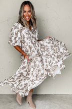 Floral Puff Sleeve V Neck Buttoned Front Maxi Dress