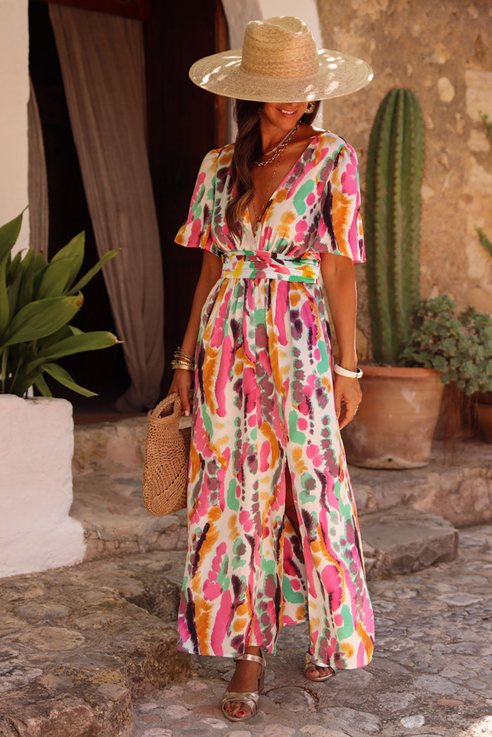 Pink Boho Tie-dye Print Maxi Dress