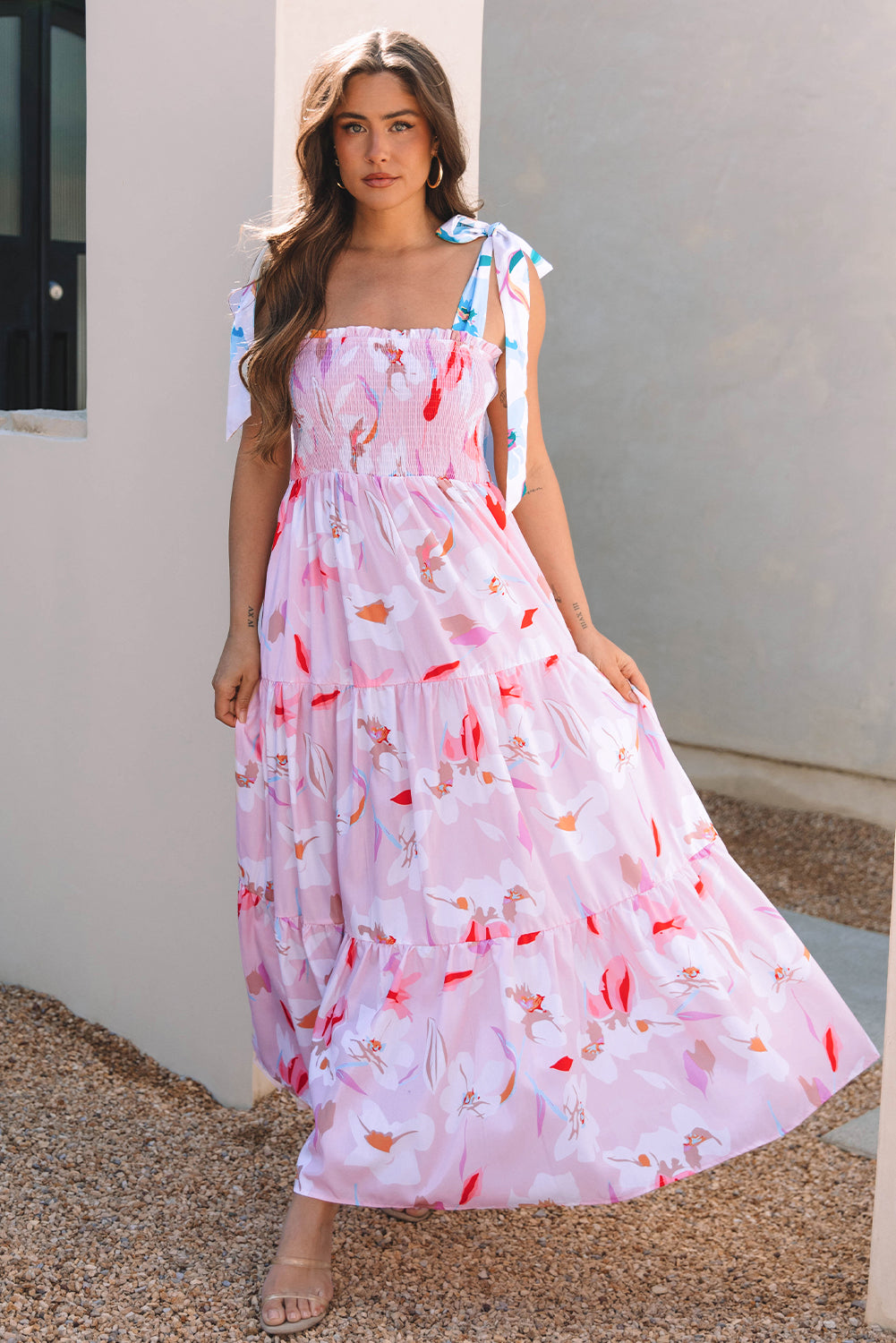 Floral Knotted Shoulder Smocked Maxi Dress