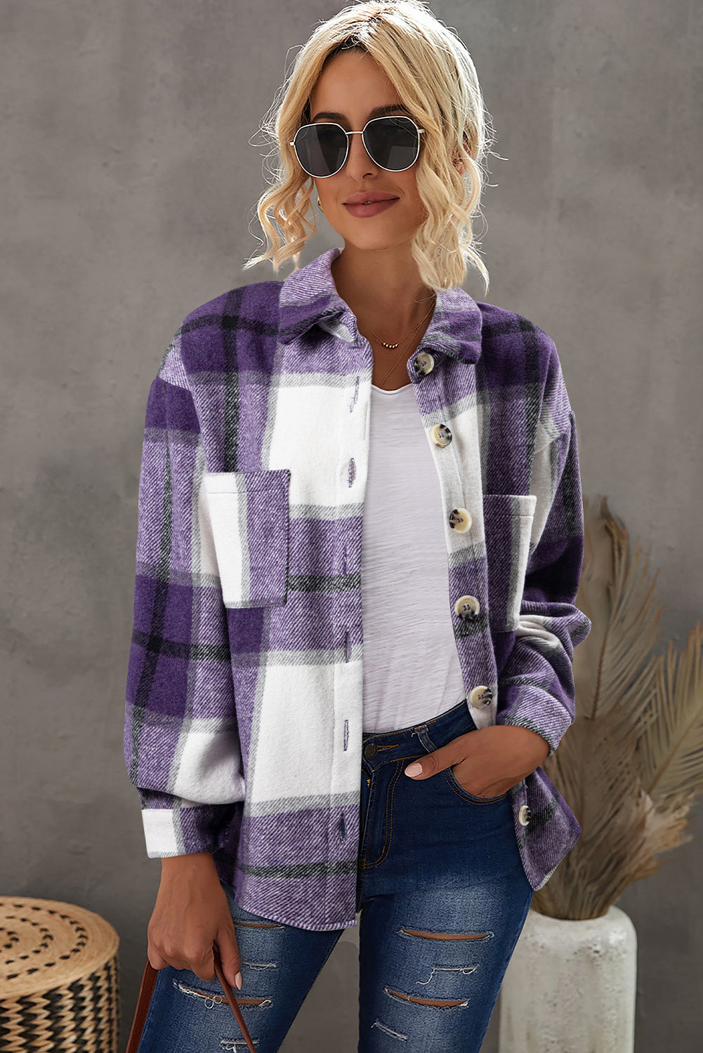 Plaid Buttoned Long Sleeve Jacket