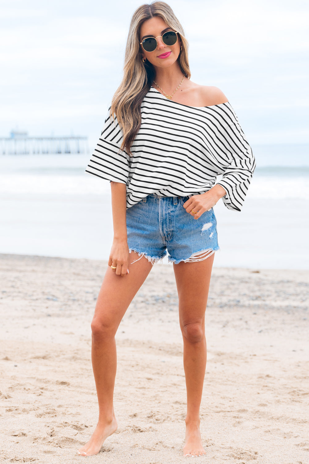 Stripe Half Sleeve Scoop Neck Top