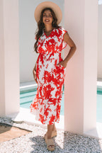 Red Floral Print Trimmed V Neck Ruffle Sleeve Long Dress
