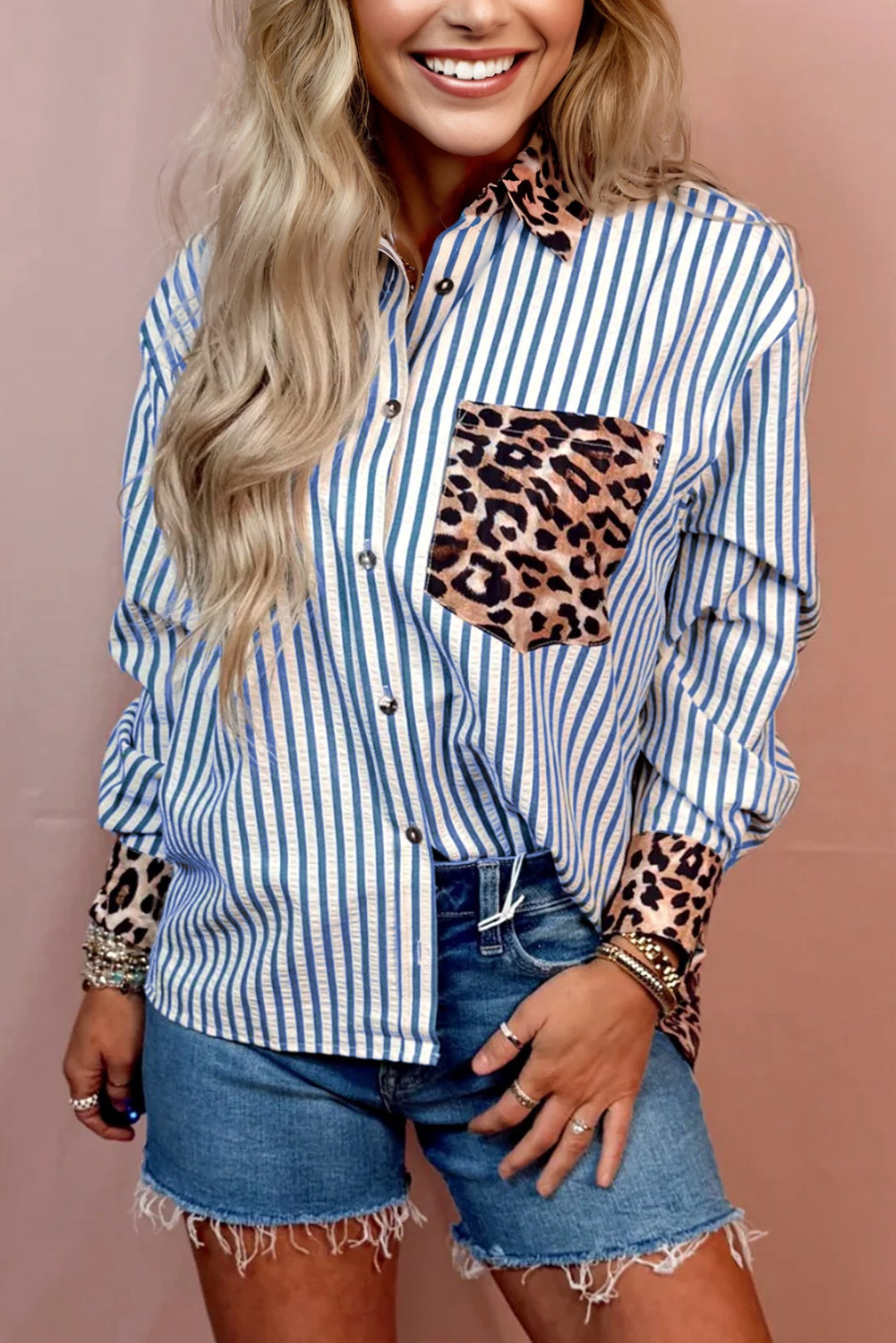 Striped Leopard Print Patchwork Shirt