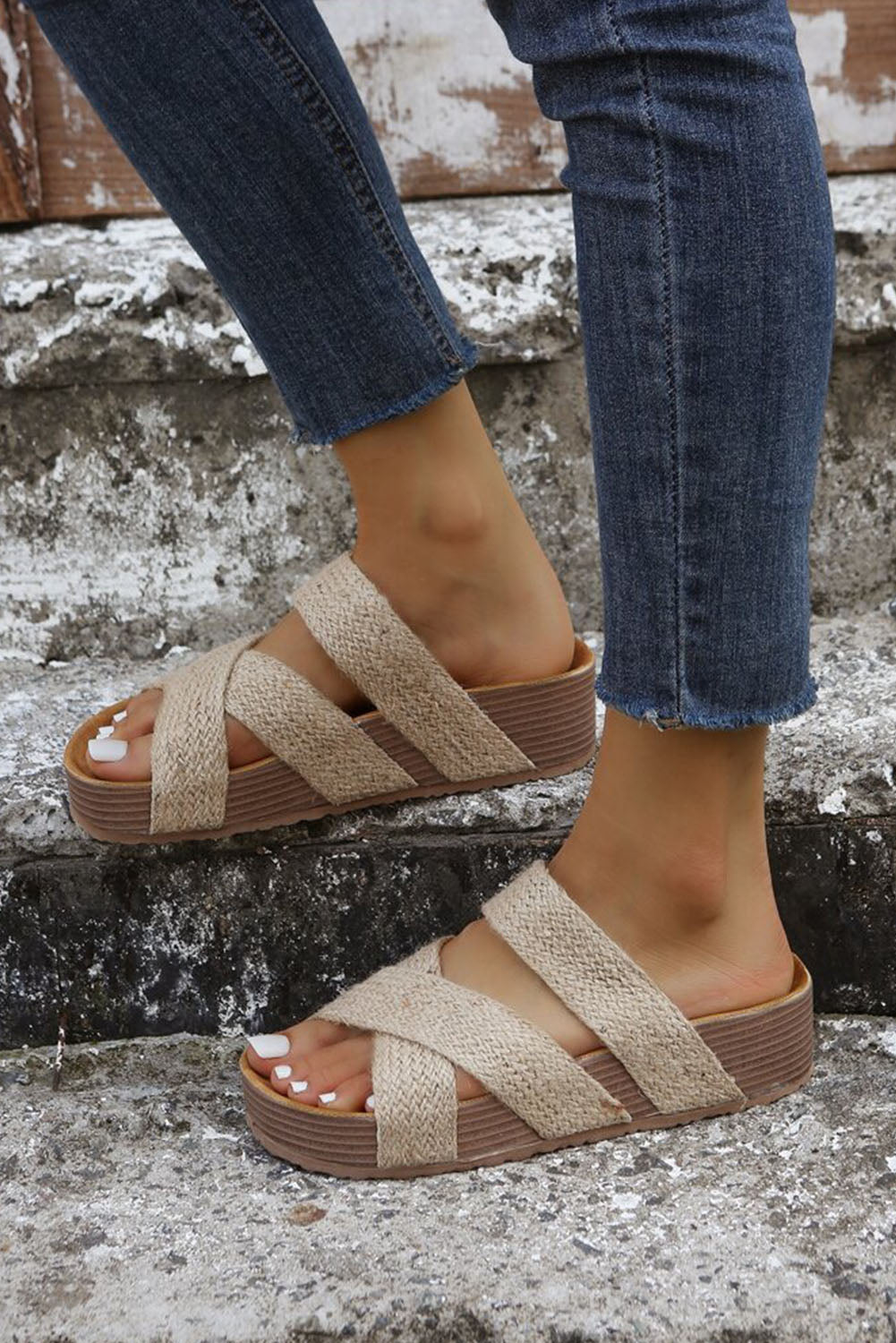 Beige Woven Cross Criss Slip-On Slippers