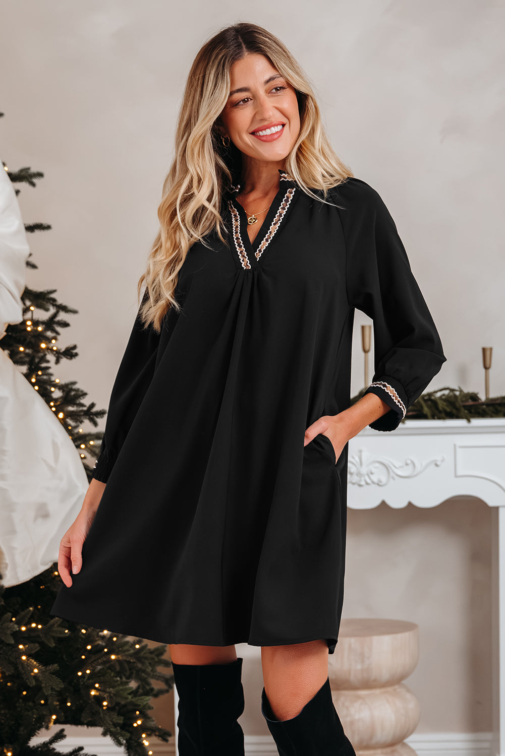 Black Contrast Trim Shift Mini Dress