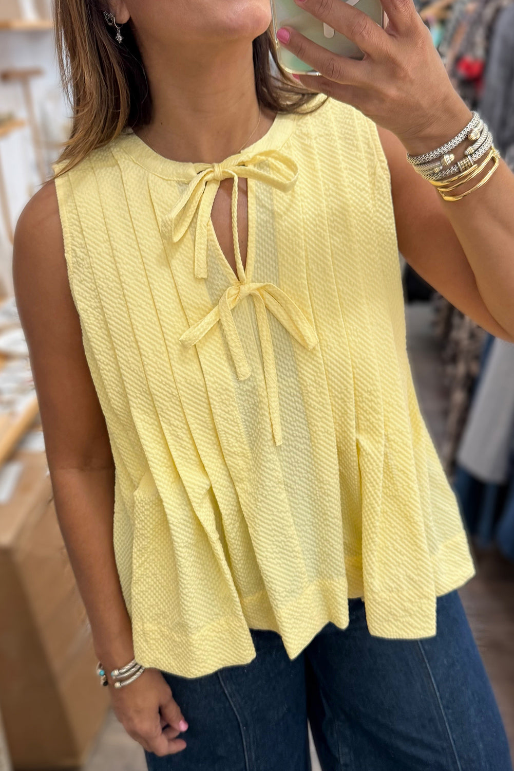 Notched Neck Pleated Tank Top