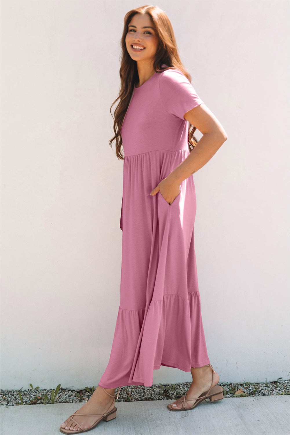 Pink T-shirt High Waist Pocketed Long Dress