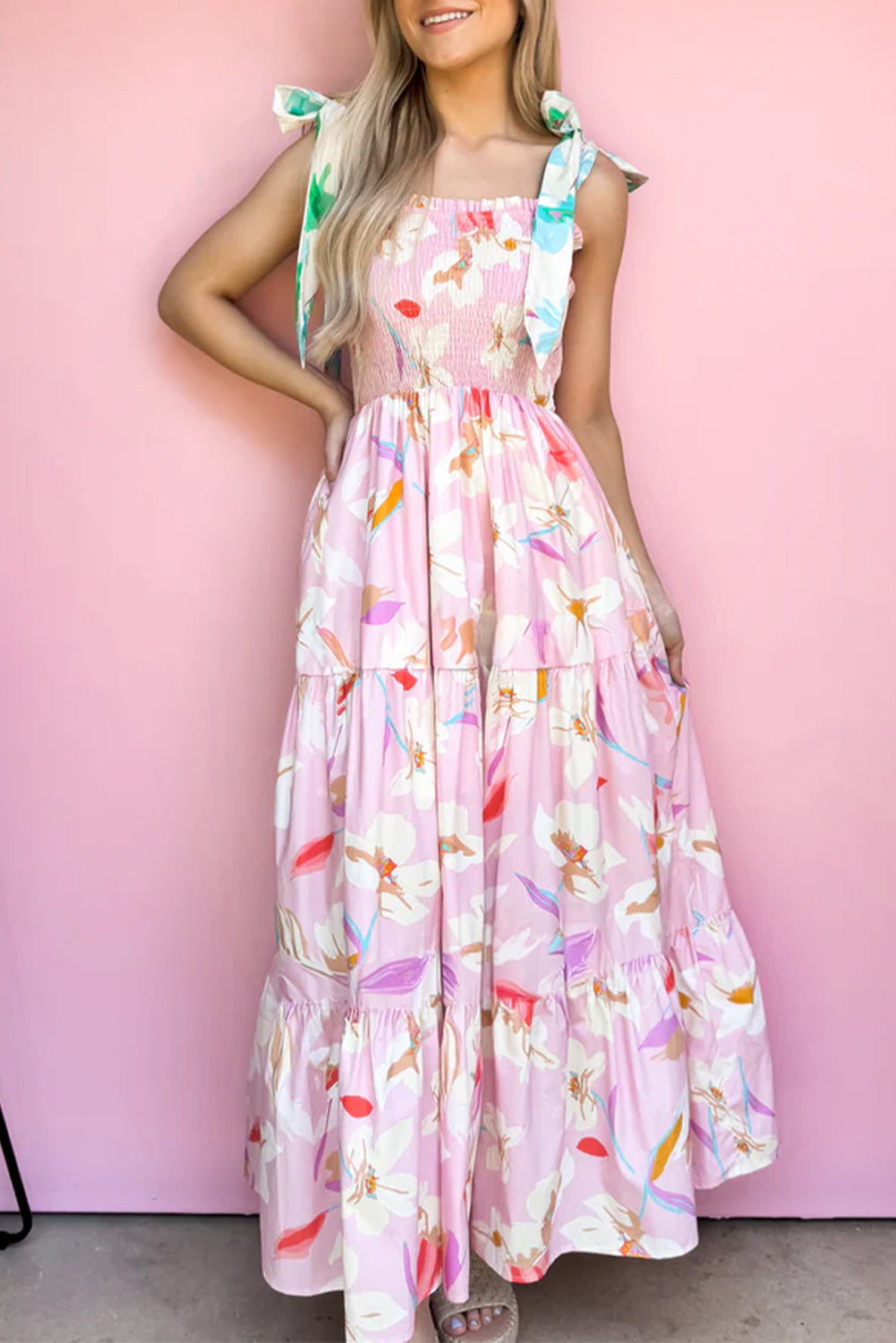 Floral Knotted Shoulder Smocked Maxi Dress