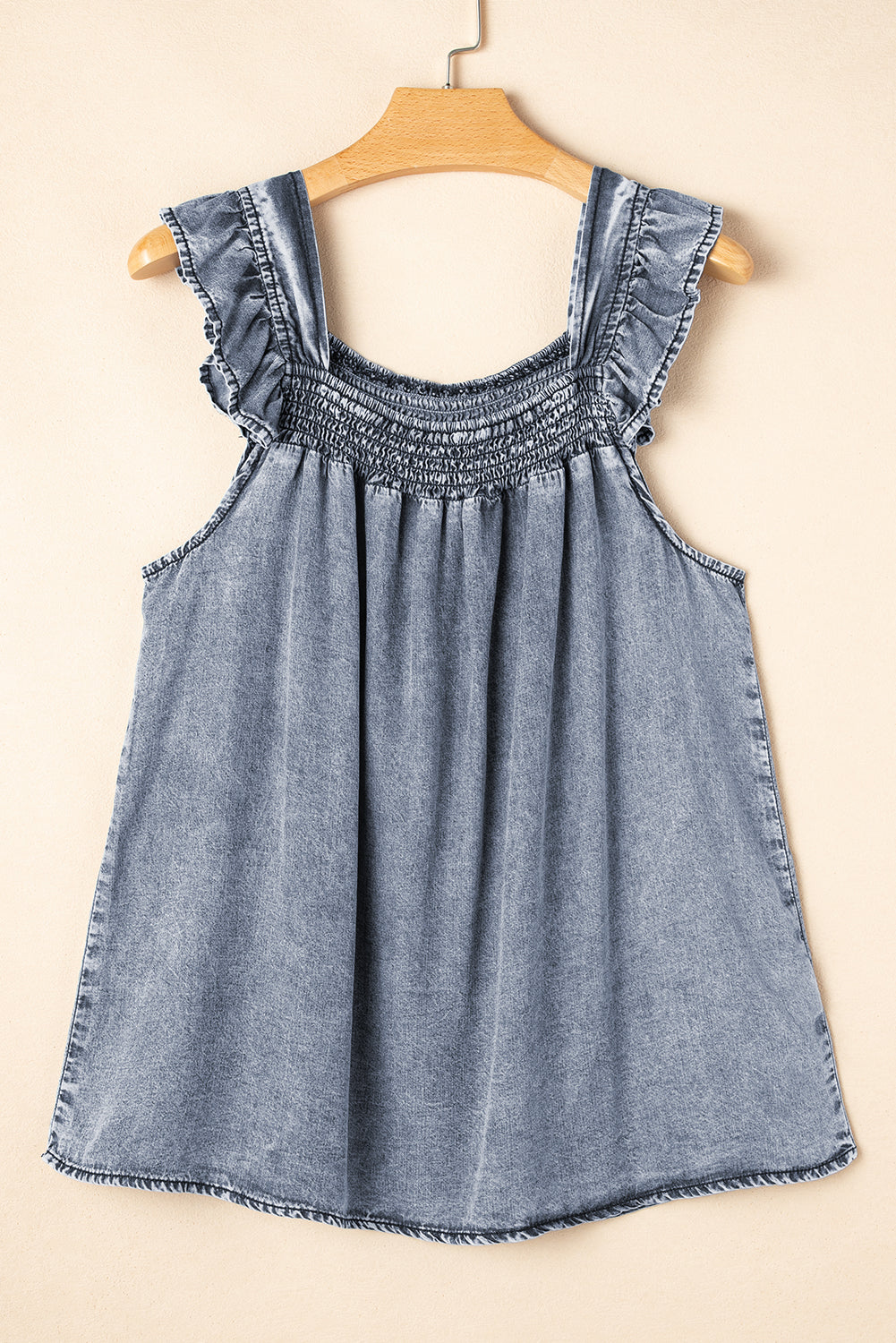 Ruffled Shirred Neckline Denim Tank