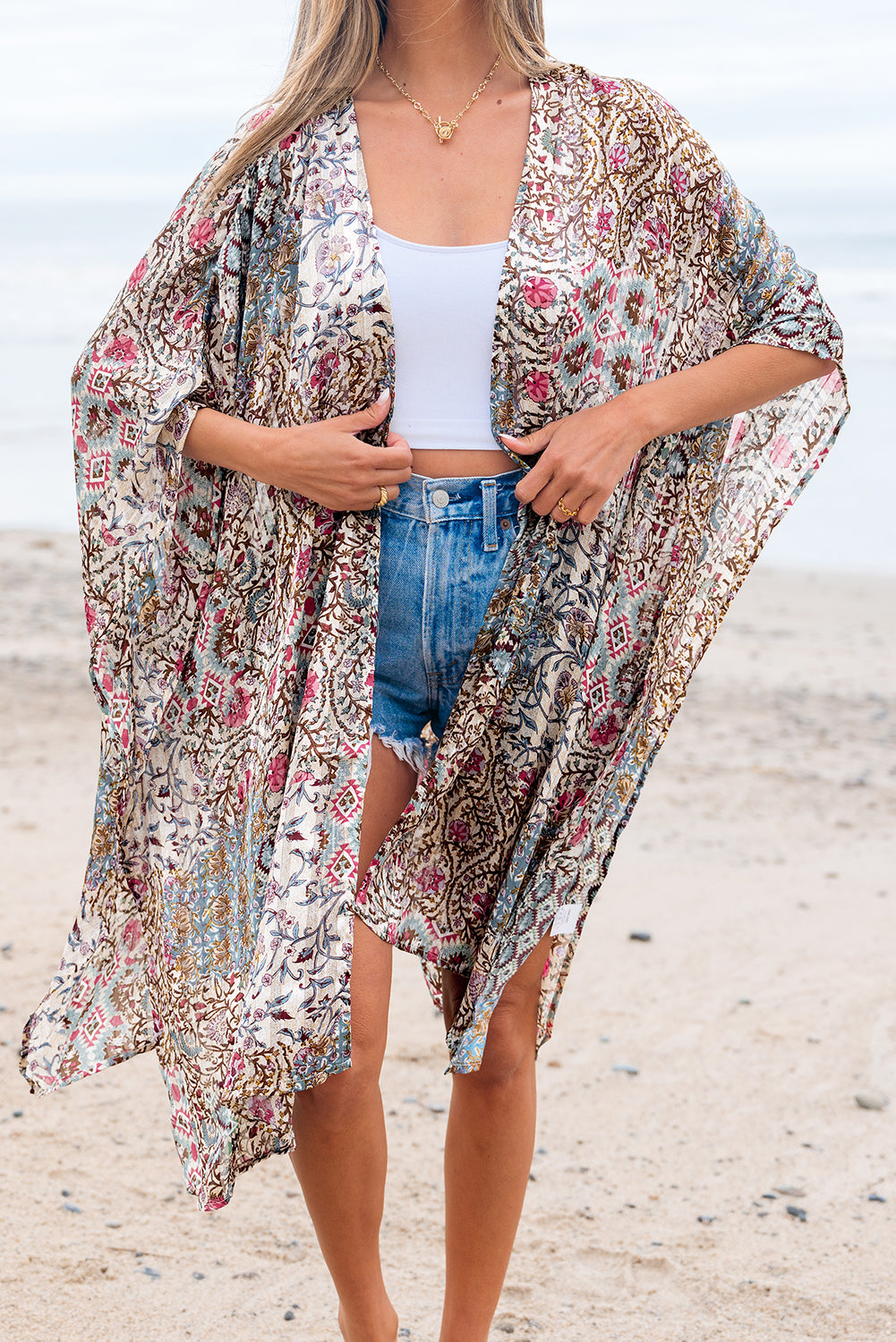 Apricot Floral Print Open Front Loose Kimono
