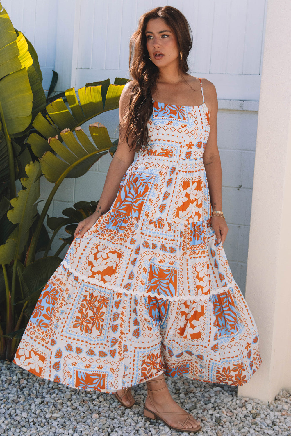 Orange Multi Printed Ricrac Trim Spaghetti Straps Maxi Dress