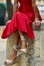 Fiery Red V Neck Flutter Sleeve Smocked Bodice High Waist Ruffle Maxi Dress