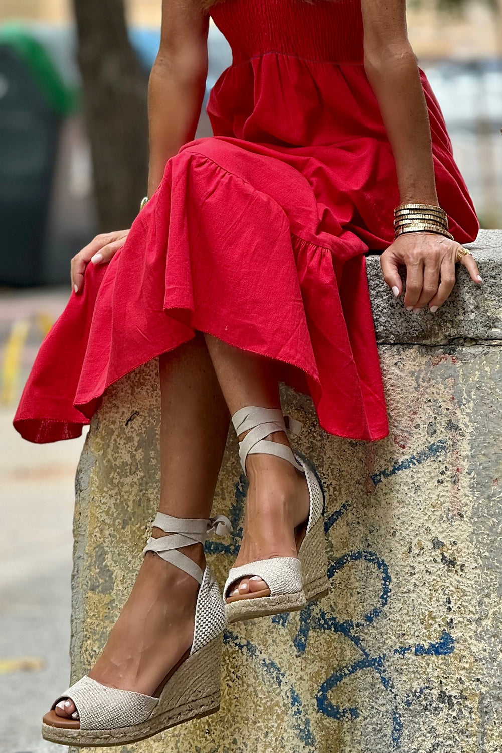 Fiery Red V Neck Flutter Sleeve Smocked Bodice High Waist Ruffle Maxi Dress