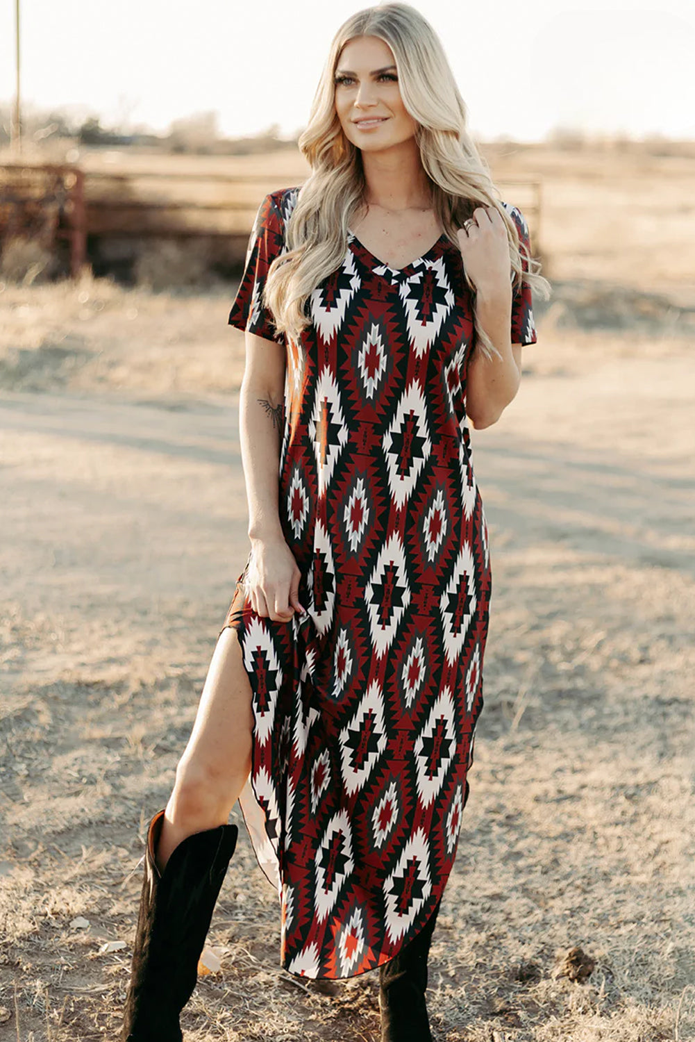 Aztec Print Long T-shirt Dress