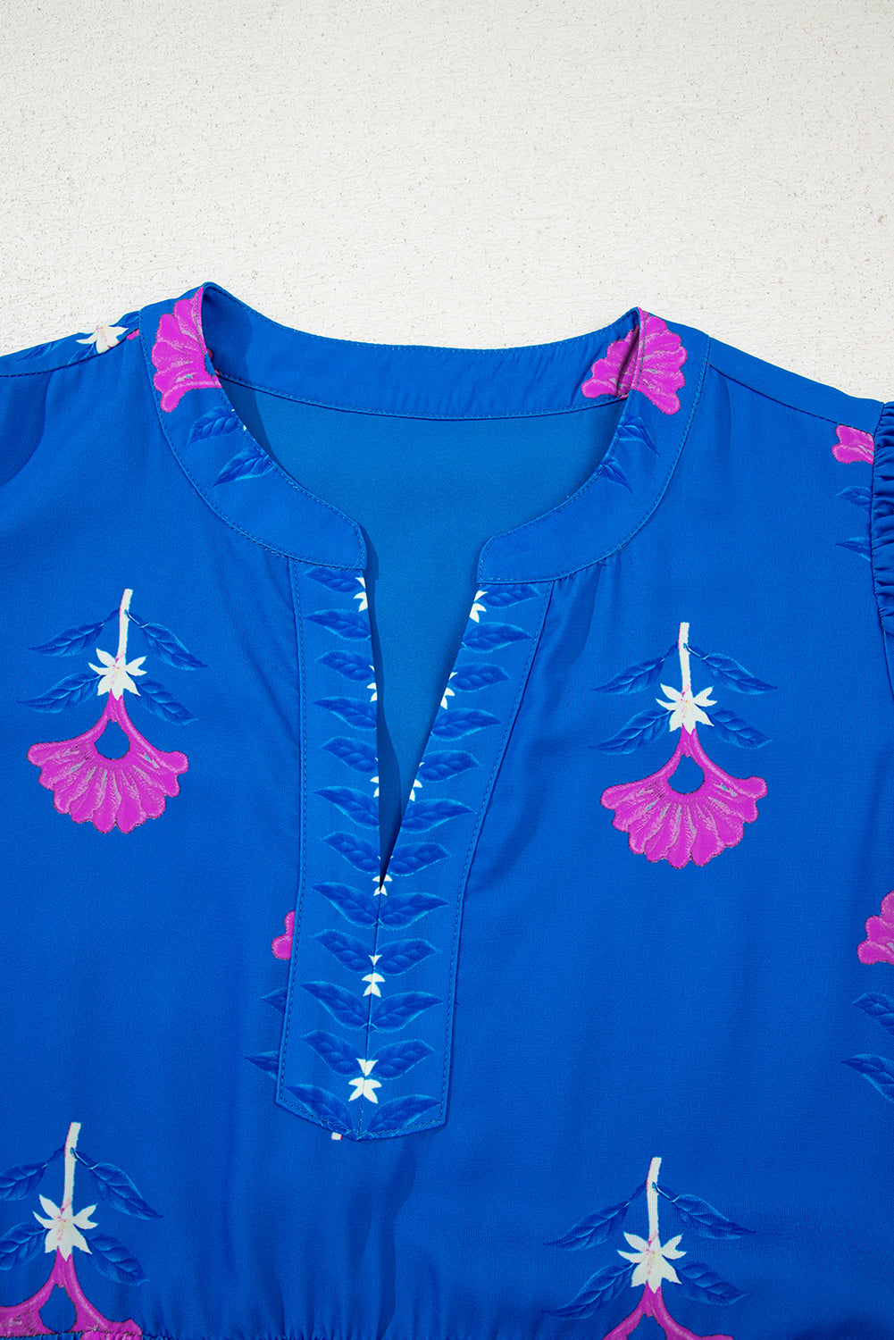 Blue Floral Print Notched Neck Butterfly Sleeve Shift Long Dress