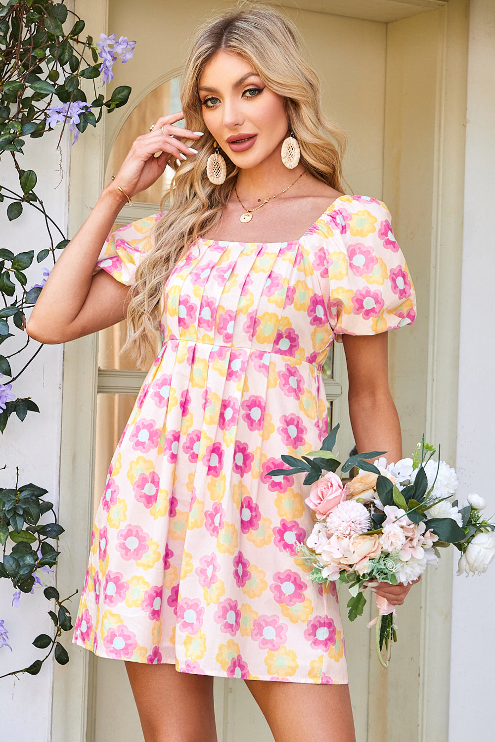 Pleated Flared Floral Midi Dress
