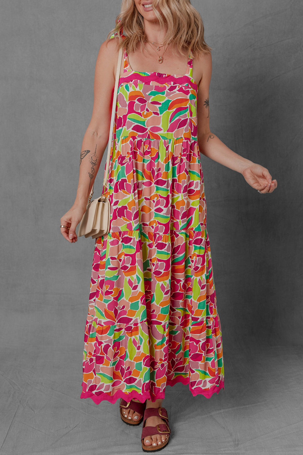 Floral Tied Straps Ricrac Trim Maxi Dress