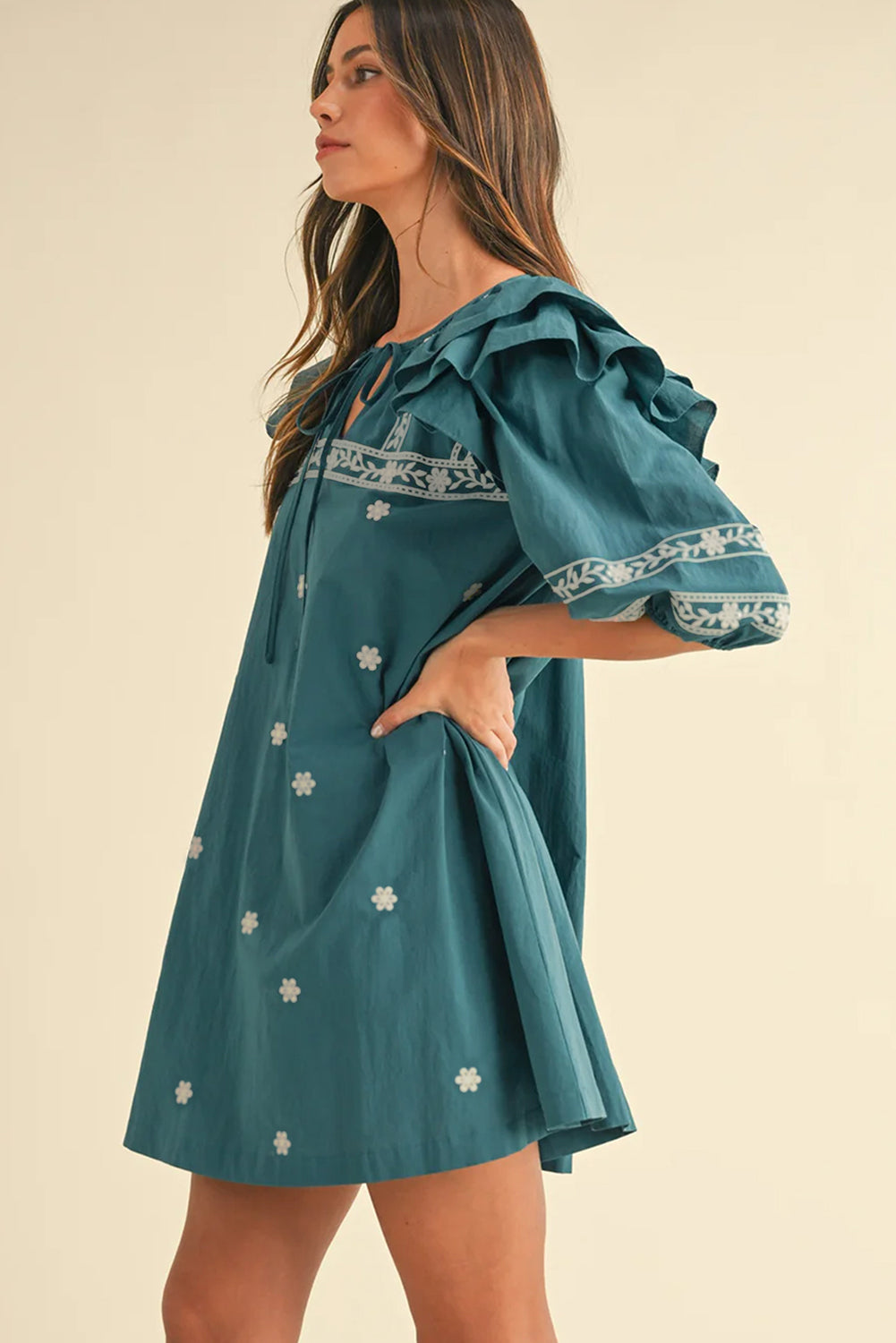 Boho Ruffle Puff Sleeve Mini Dress