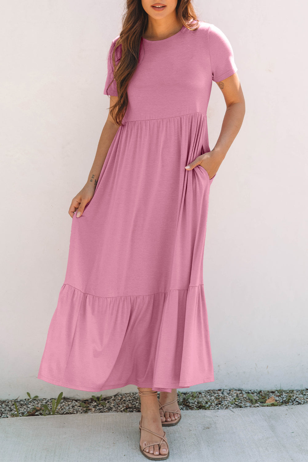 Pink T-shirt High Waist Pocketed Long Dress