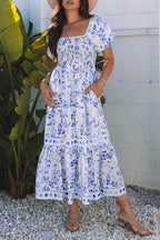 Sky Blue Floral Print Square Neck Bubble Sleeve High Waist Maxi Dress