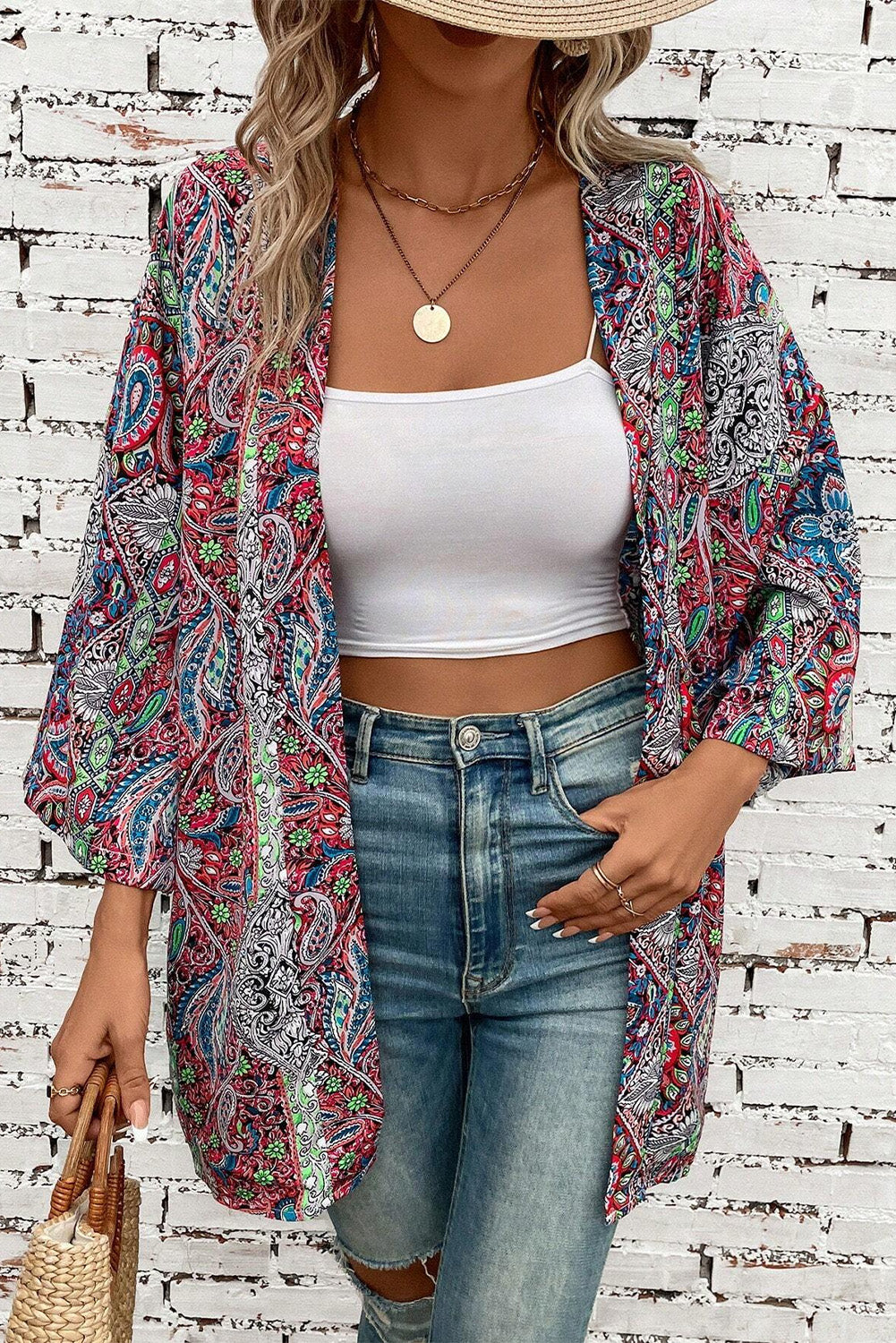 Red Paisley Print Kimono
