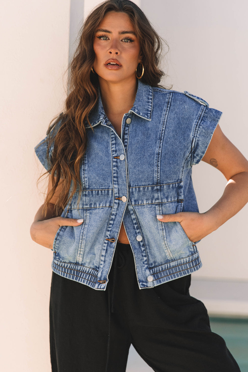 Acid Wash Elastic Hem Button Up Denim Vest