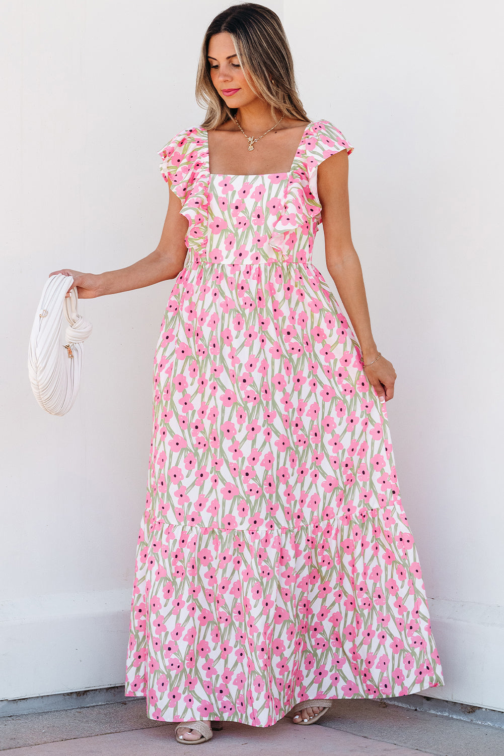 Floral Print Ruffled Strap Maxi Dress