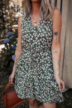 Green Boho Floral Print V Neck Tunic Sleeveless Dress