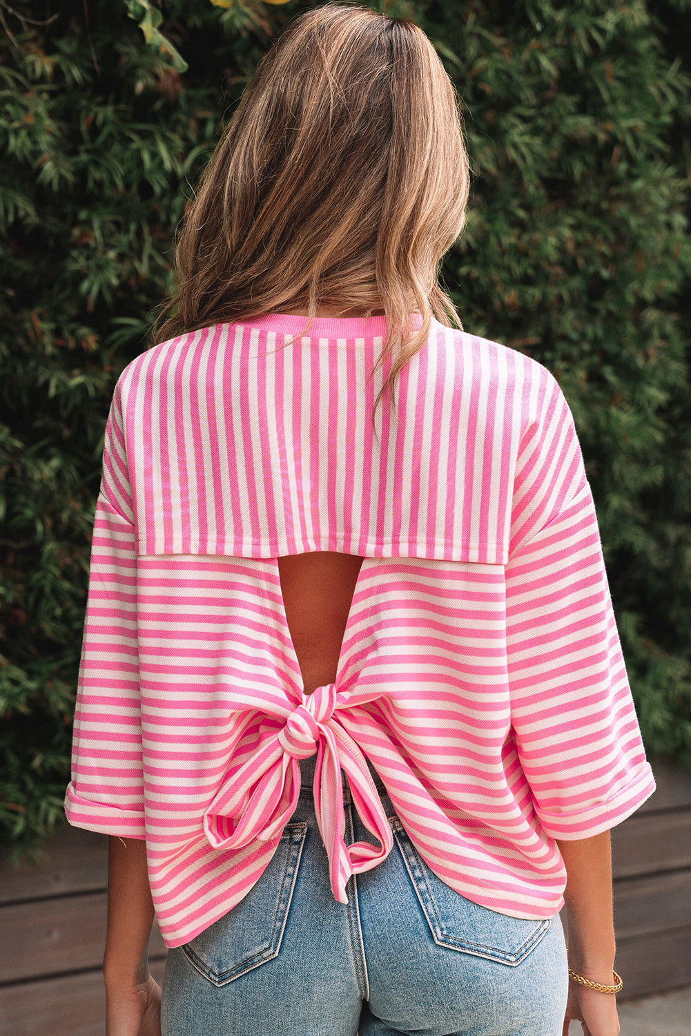 Stripe Bowknot Cutout Back Drop Shoulder Tee