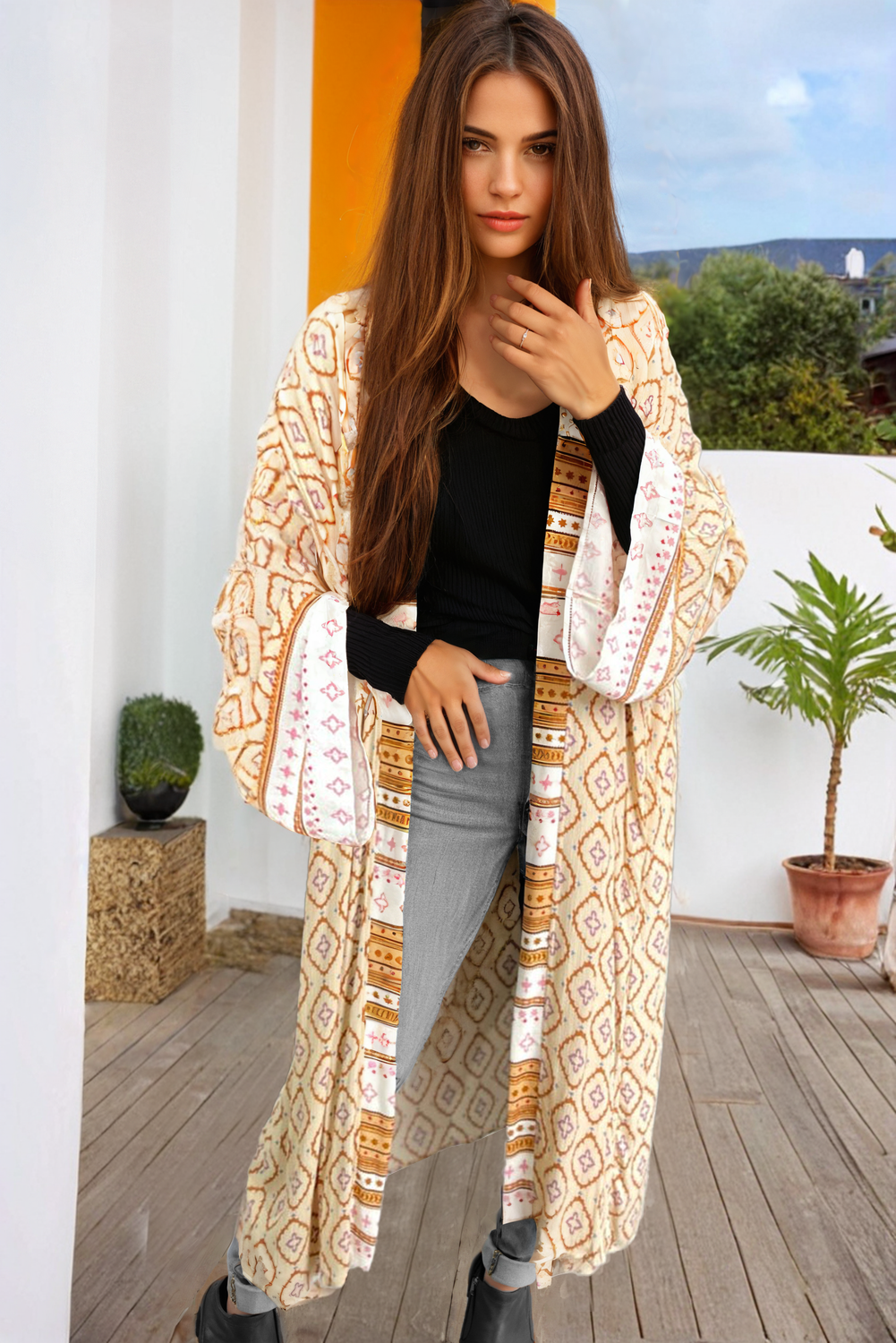 Yellow Boho Geometric Print Kimono