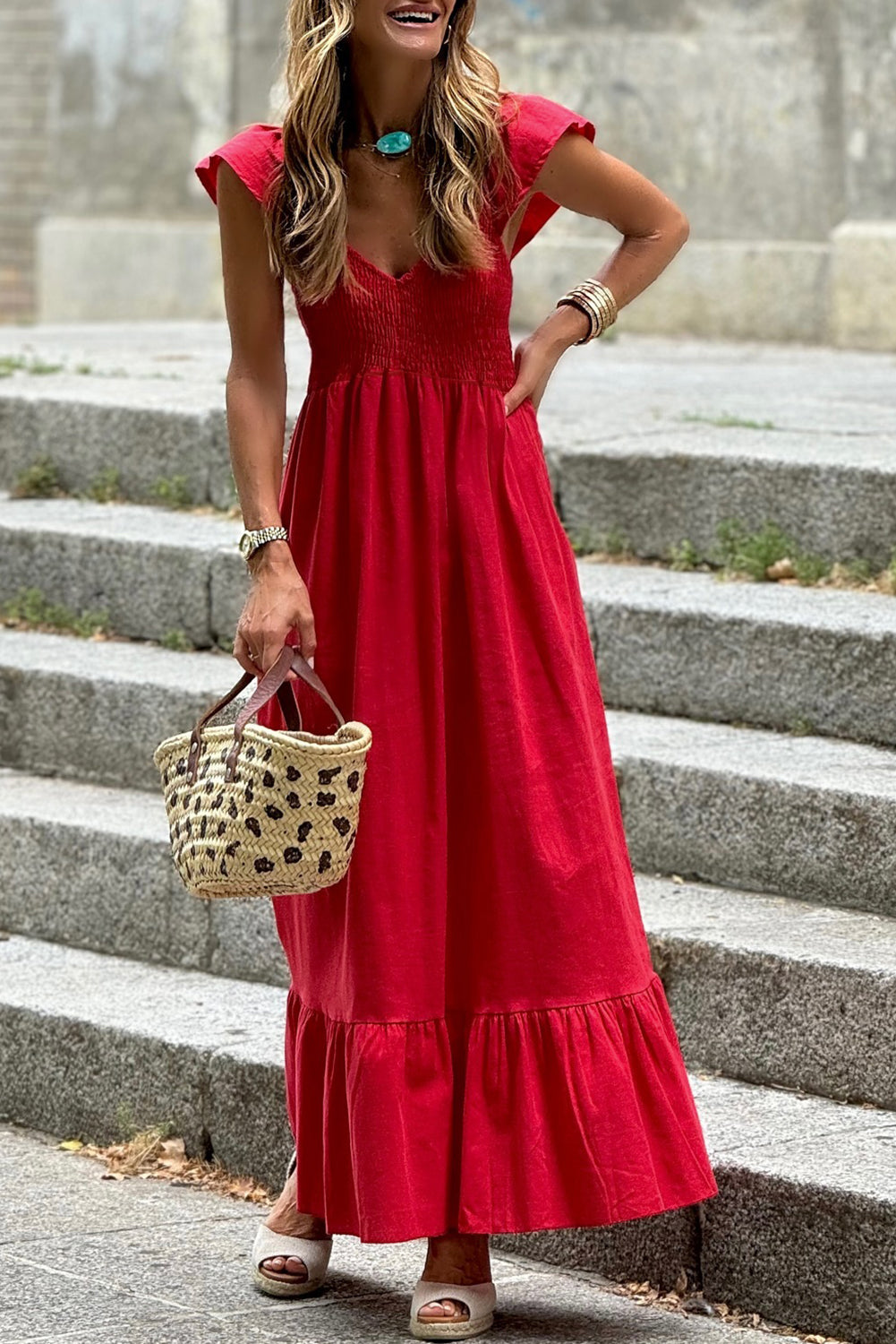 Fiery Red V Neck Flutter Sleeve Smocked Bodice High Waist Ruffle Maxi Dress