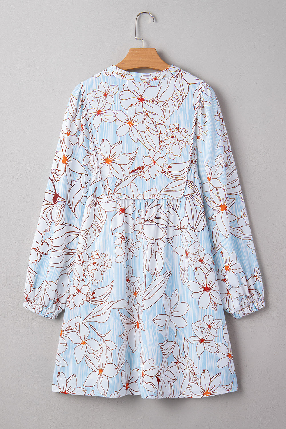 Floral Print Tie Neck 3/4 Sleeve Mini Dress