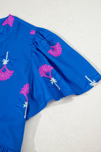 Blue Floral Print Notched Neck Butterfly Sleeve Shift Long Dress