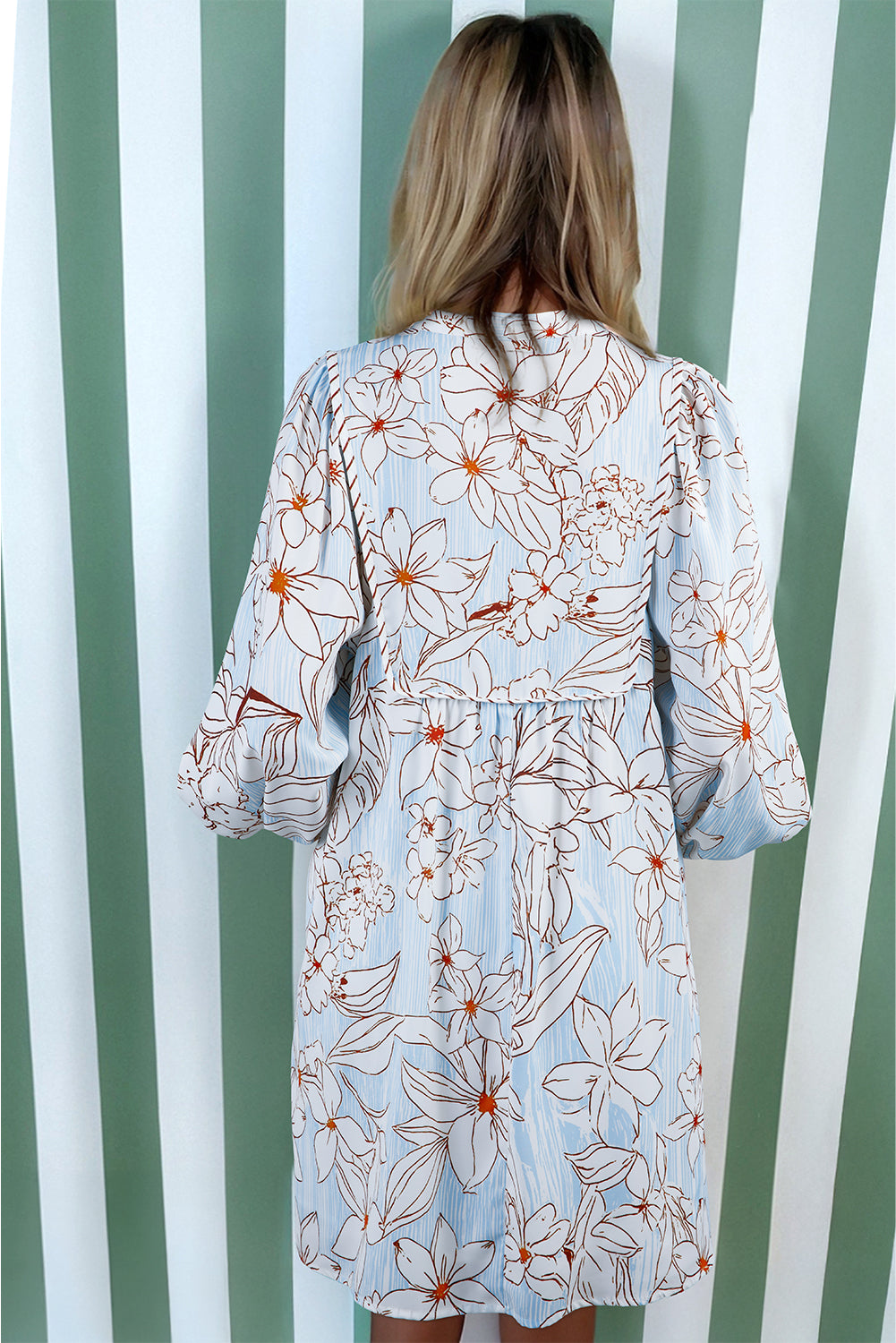 Floral Print Tie Neck 3/4 Sleeve Mini Dress