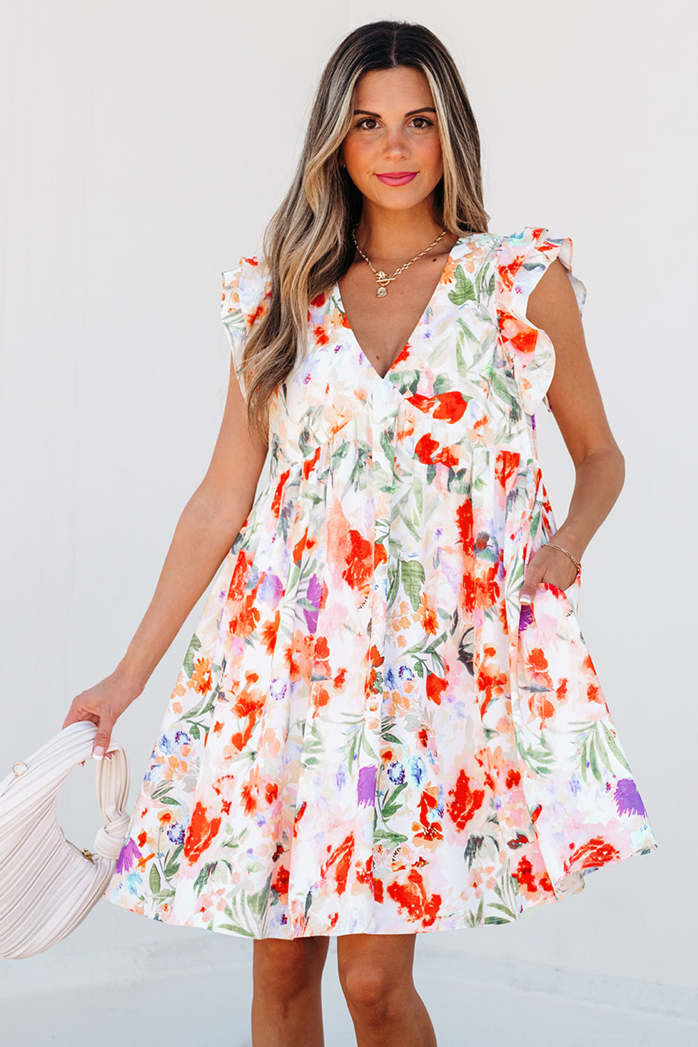 Floral Ruffle Sleeve High Waist Mini Dress