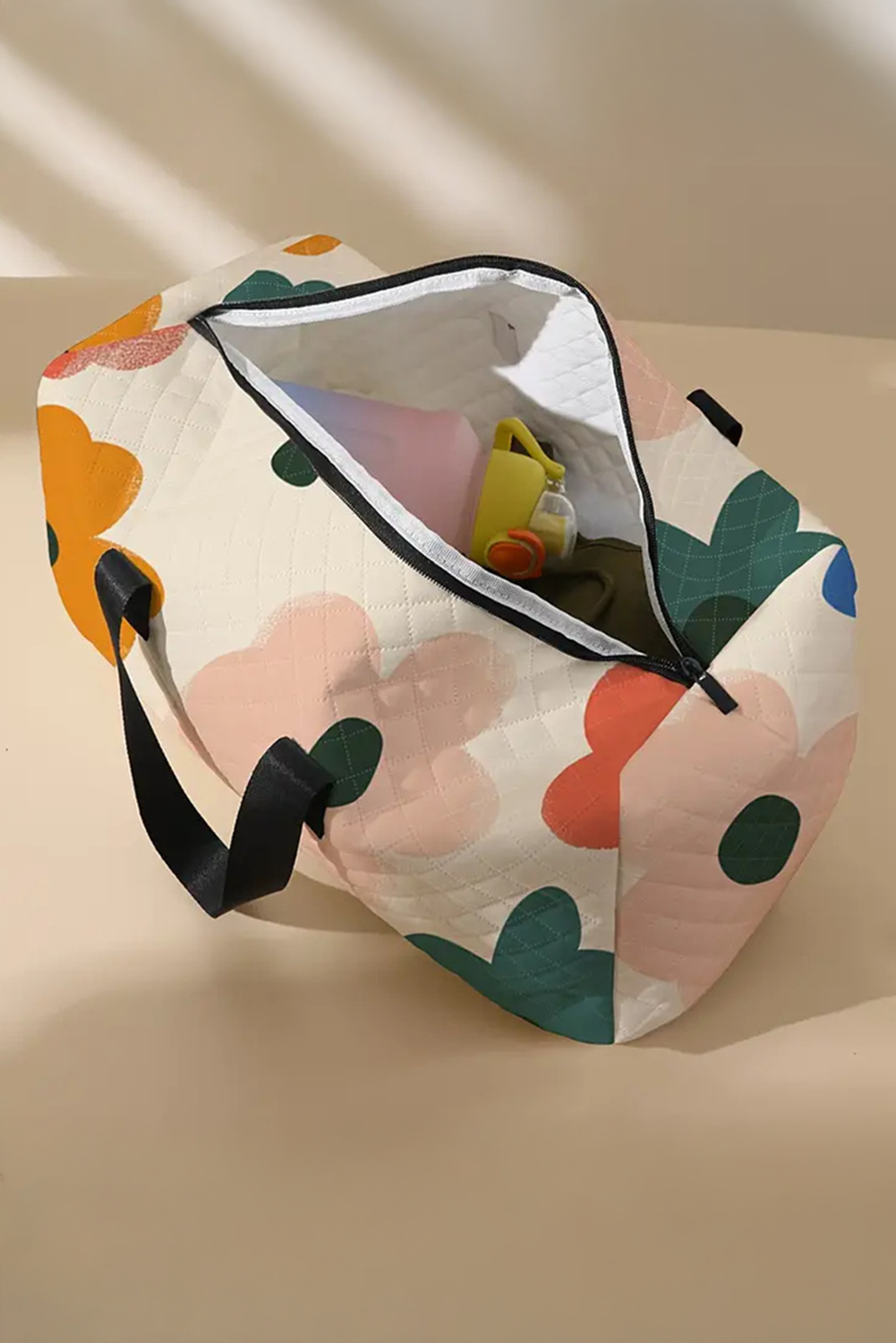 White Flower Print Quilted Duffel Bag