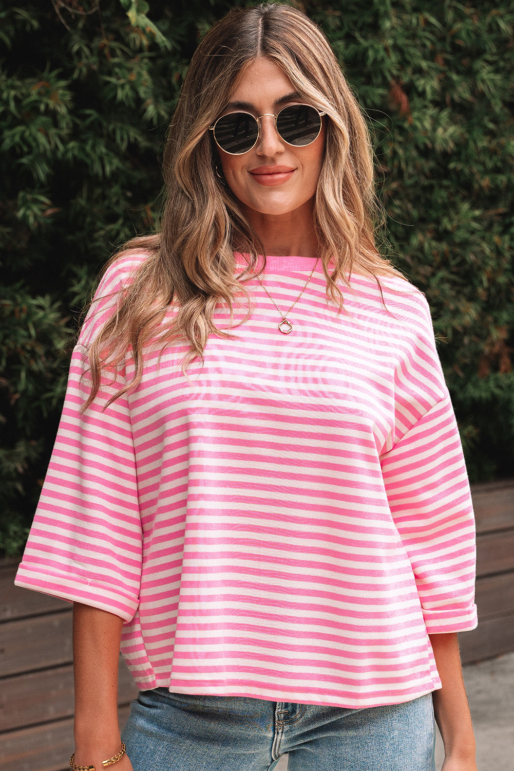 Stripe Bowknot Cutout Back Drop Shoulder Tee