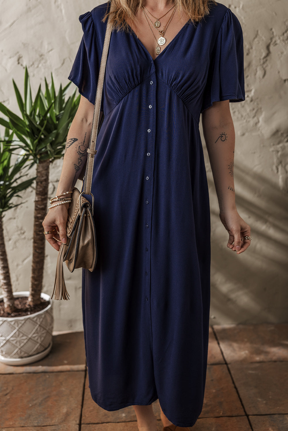 Navy Buttoned Front Midi Dress
