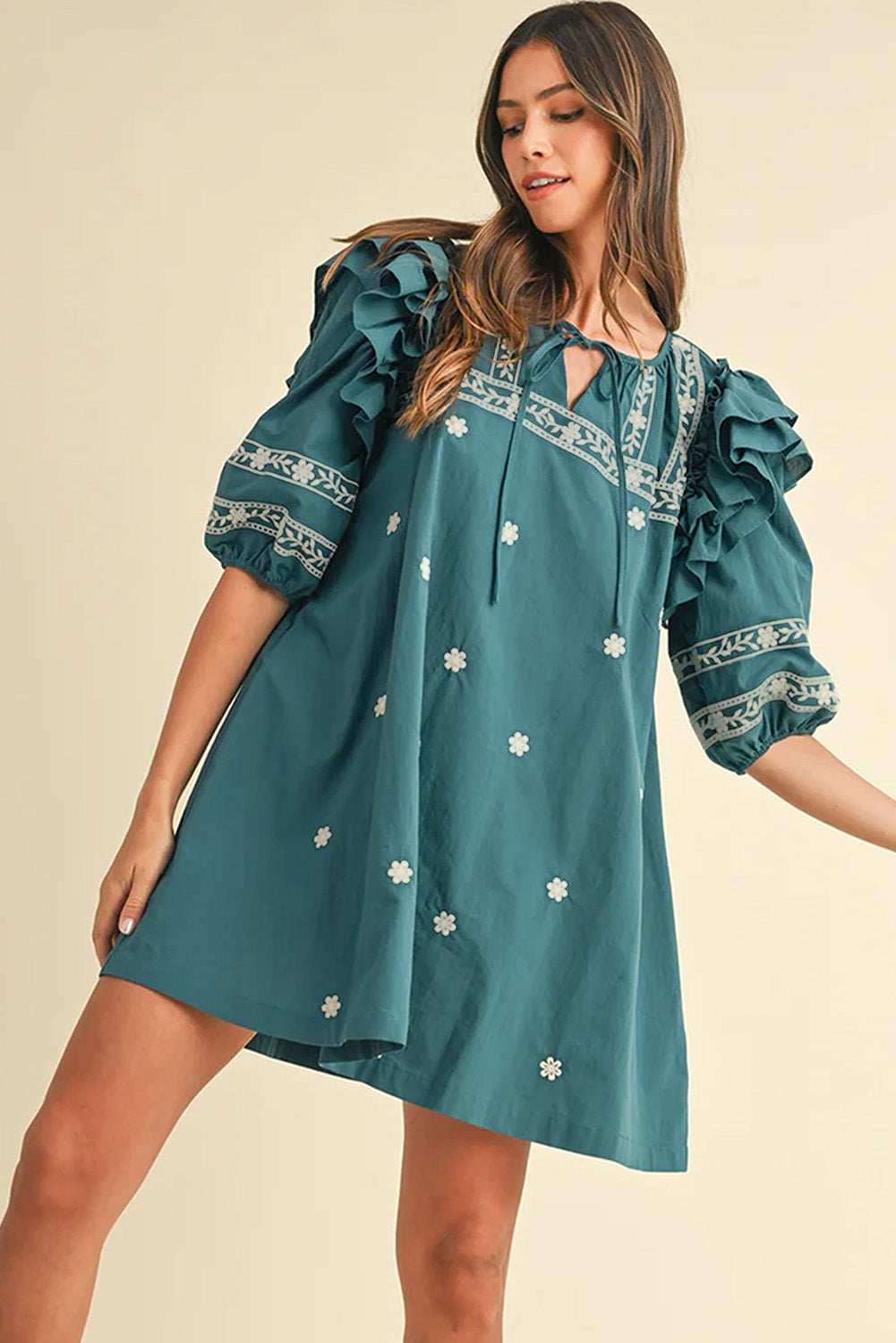 Boho Ruffle Puff Sleeve Mini Dress